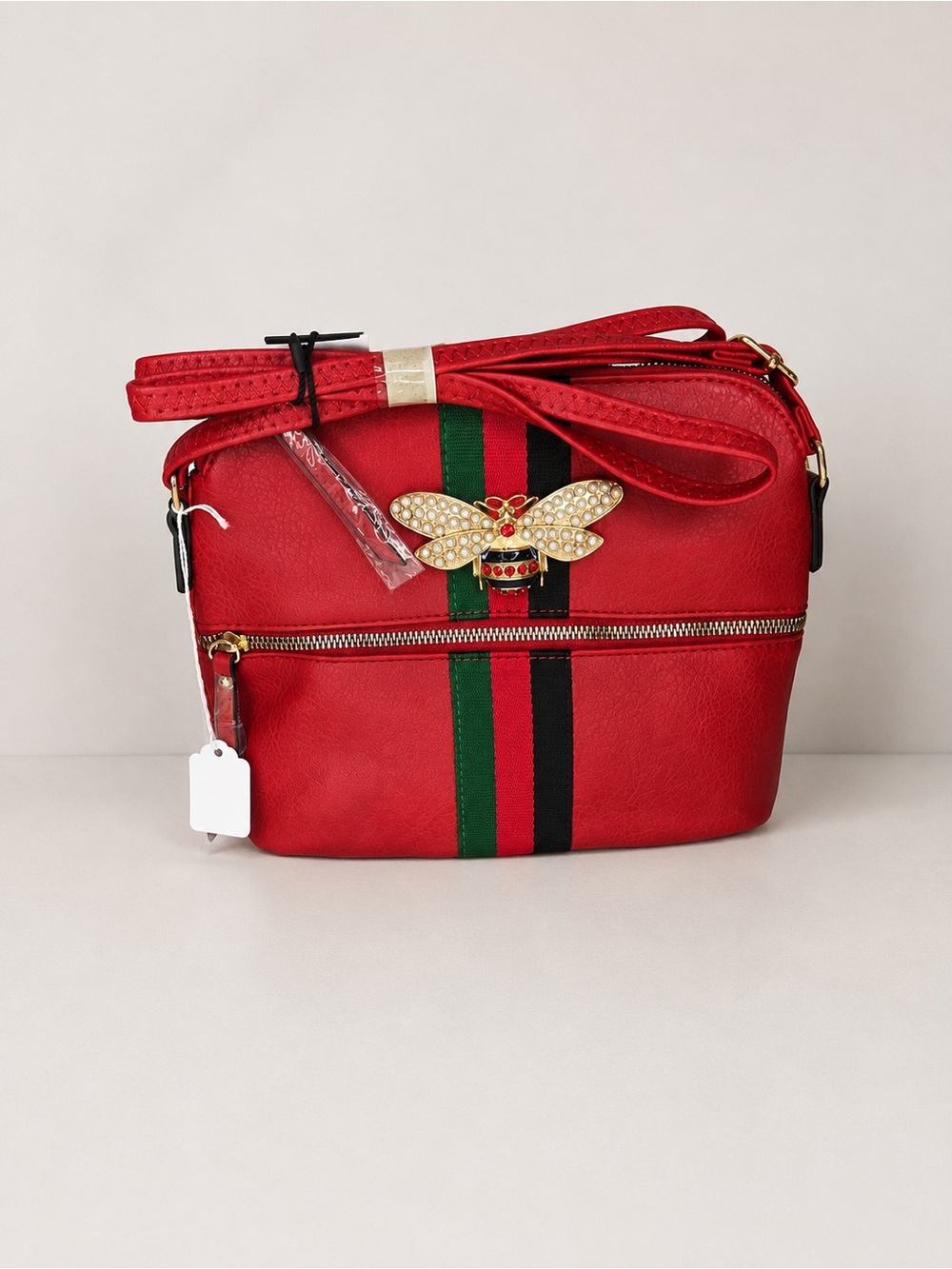 Red Women's Crossbody Bag with Bee Ornament and Stripe Detail